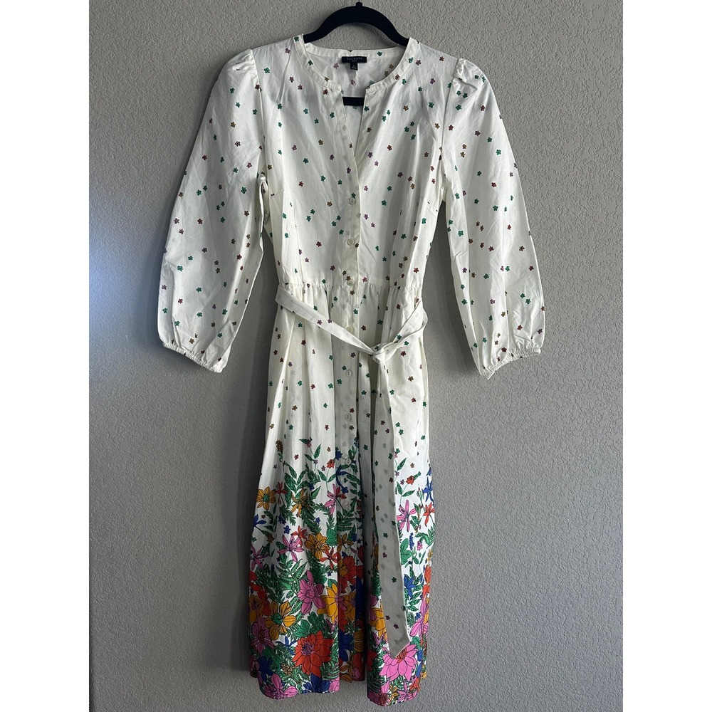 Talbots Petite White Floral Border Print Belted Shirtdress Women's Size 4P